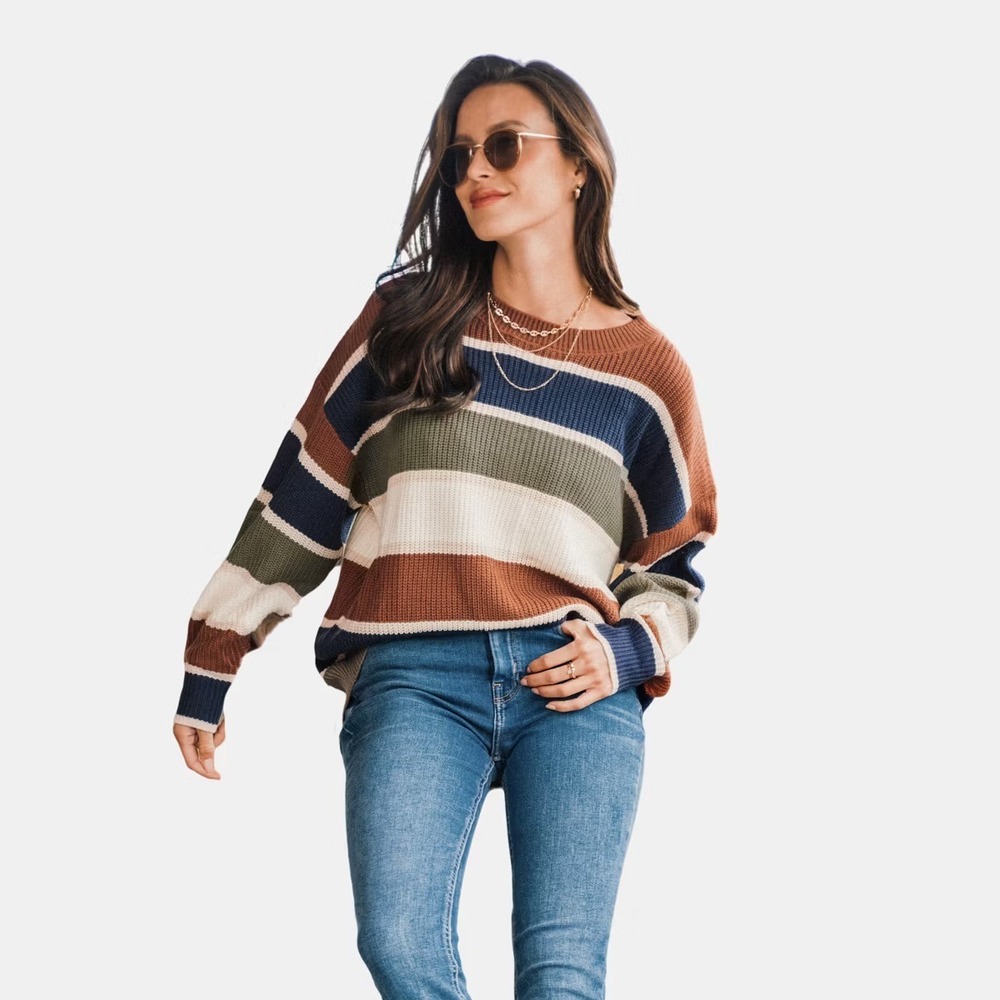 Women's Striped Drop‎ Shoulder Sweater - Cupshe Size L